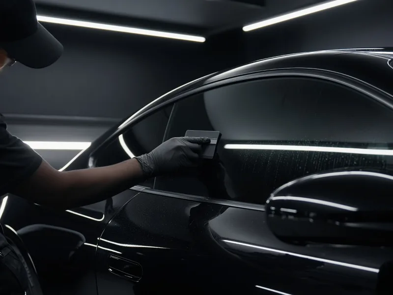 Car window tinting in Bolton, installer applying tint film to a black car