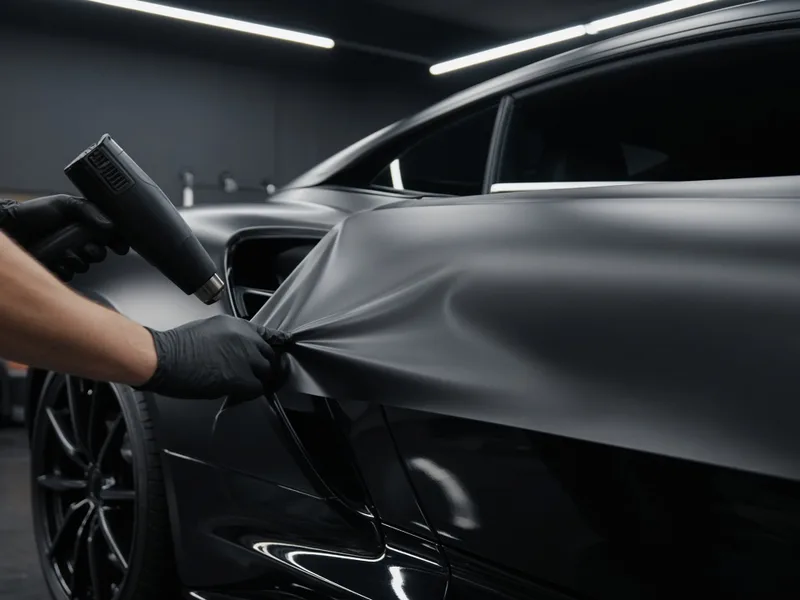 Vinyl car wrapping in Bolton, installer stretching satin wrap
